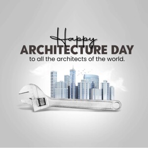 Happy Architecture Day graphic with wrench and cityscape