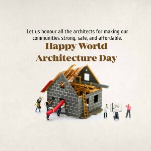 Miniature figures building a house with text celebrating Architecture Day