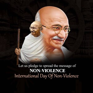 Portrait of Mahatma Gandhi with text promoting International Day of Non-Violence
