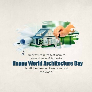 Image celebrating World Architecture Day with a house model, architectural tools, and a brushstroke effect.