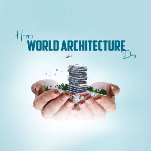 Hands holding a miniature city with a skyscraper and a helicopter, celebrating World Architecture Day.