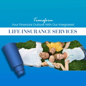 Family relaxing on grass with life insurance services promotion