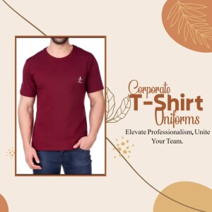 Man wearing a maroon corporate t-shirt with logo