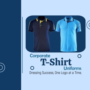 Two corporate t-shirts, one navy blue and one light blue, displayed with the text 'Corporate T-Shirt Uniforms'
