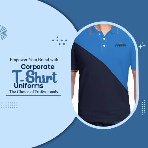 Blue and black corporate t-shirt uniform on a white background with text.