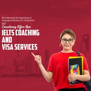 Woman pointing to text about IELTS coaching and visa services with a city skyline in the background.