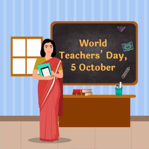 Illustration of a teacher in front of a blackboard with 'World Teachers' Day' written on it.