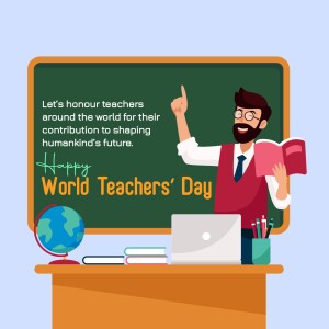 Illustration of a teacher standing in front of a chalkboard with a World Teachers' Day message.