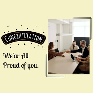 Image of a business team congratulating a colleague with a 'Congratulations' graphic.