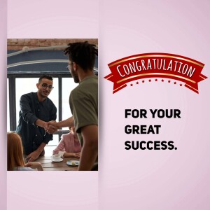 Image depicting a congratulatory message with a handshake and people in a meeting.
