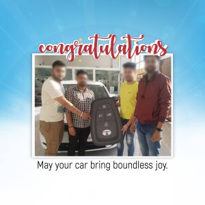 Group of men with a new car key and car in the background