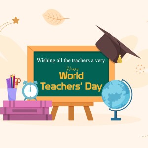 Illustration of a chalkboard with 'Happy Teachers' Day' message, school supplies, and a globe.