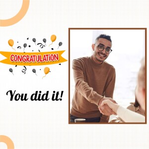 A man shaking hands with someone, with a congratulatory banner and balloons.