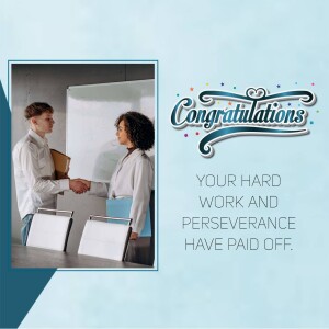 Image of two colleagues shaking hands in front of a whiteboard with a 'Congratulations' graphic.