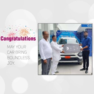Three men with a new car and a key handover