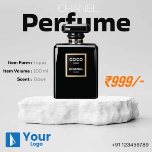 Chanel Coco Noir perfume bottle on a white pedestal with price tag