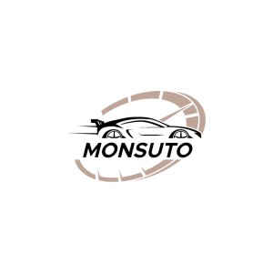 Black and beige logo featuring a speeding car silhouette and the text 'MONSUTO'