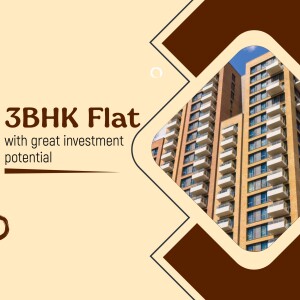 Image of a modern apartment building advertising a 3BHK flat with investment potential.