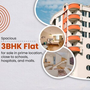 Advertisement for a 3BHK flat with images of the building and interior