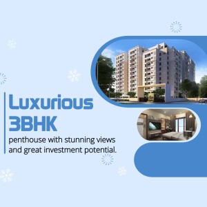 Image of a modern apartment building with a luxurious 3BHK penthouse advertisement.