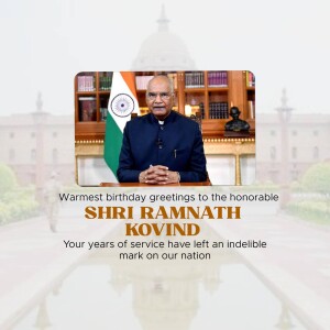 Portrait of Shri Ramnath Kovind with Indian flag and birthday greetings