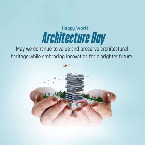 Hands holding a miniature cityscape with the text 'Happy World Architecture Day'
