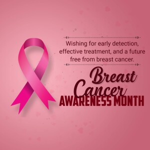 Pink ribbon with text promoting breast cancer awareness and early detection.
