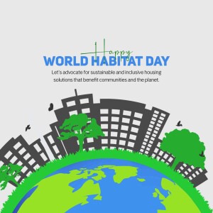 World Habitat Day illustration with Earth and cityscape