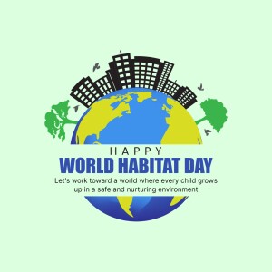 Illustration of Earth with buildings and trees, celebrating World Habitat Day.