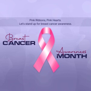 Pink ribbon with text promoting breast cancer awareness