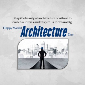 World Architecture Day greeting with an architect looking at a cityscape.