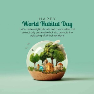 Illustration of a miniature city and trees inside a glass globe, celebrating World Habitat Day.
