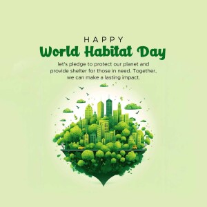 Illustration of a city built within lush greenery, celebrating World Habitat Day.