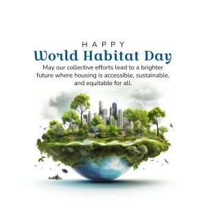 World Habitat Day illustration with a floating island of greenery and a city skyline.