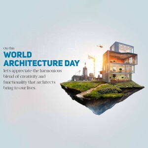 World Architecture Day graphic with a floating island showcasing modern buildings and construction.