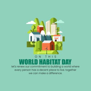 Illustration depicting a sustainable city with houses, trees, and wind turbines with the text 'World Habitat Day'
