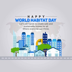 World Habitat Day illustration with cityscape and globe