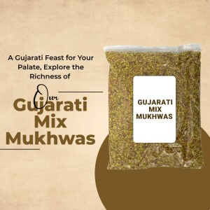 Close-up of a packet of Gujarati Mix Mukhwas, a traditional Indian snack.
