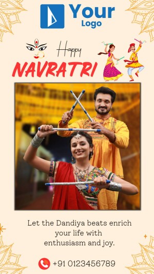 Navratri celebration with a couple performing Dandiya dance and festive decorations.
