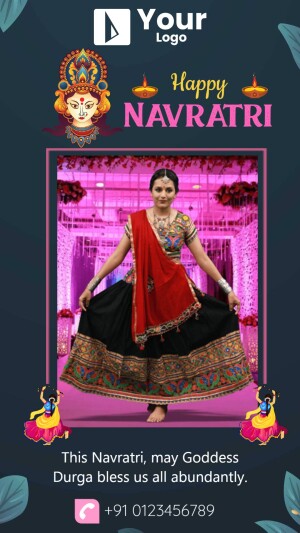 Navratri celebration with a woman in traditional Garba attire and Goddess Durga image.