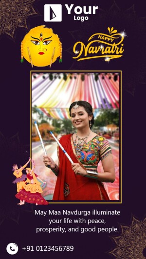 Navratri celebration with a woman playing Garba and Goddess Durga image