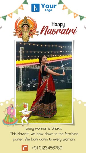 Navratri festival image with a woman performing Garba dance and Goddess Durga