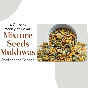 A bowl of colorful mixture seeds, also known as Mukhwas, with text overlay.