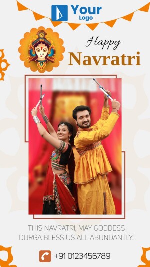 Navratri celebration with a couple performing Garba dance and Goddess Durga image