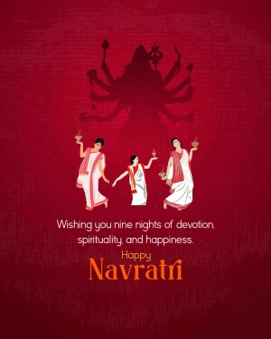 Navratri festival greeting card with Goddess Durga and women in traditional attire