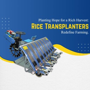 A rice transplanter machine on a blue and yellow background with text promoting it.