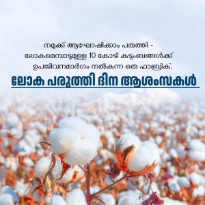 Close-up of cotton plants with Malayalam text overlay