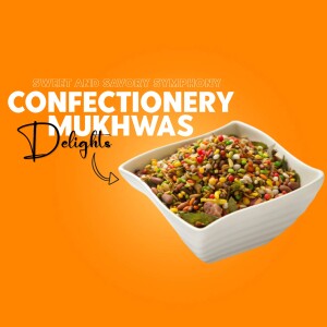 A square white bowl filled with colorful Mukhwas, a traditional Indian mouth freshener, against a vibrant orange background.