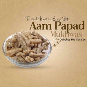 A bowl of Aam Papad Mukhwaz on a beige background with text overlay.