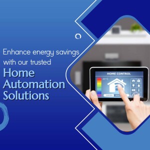 Hand interacting with a home automation control panel displaying energy savings.